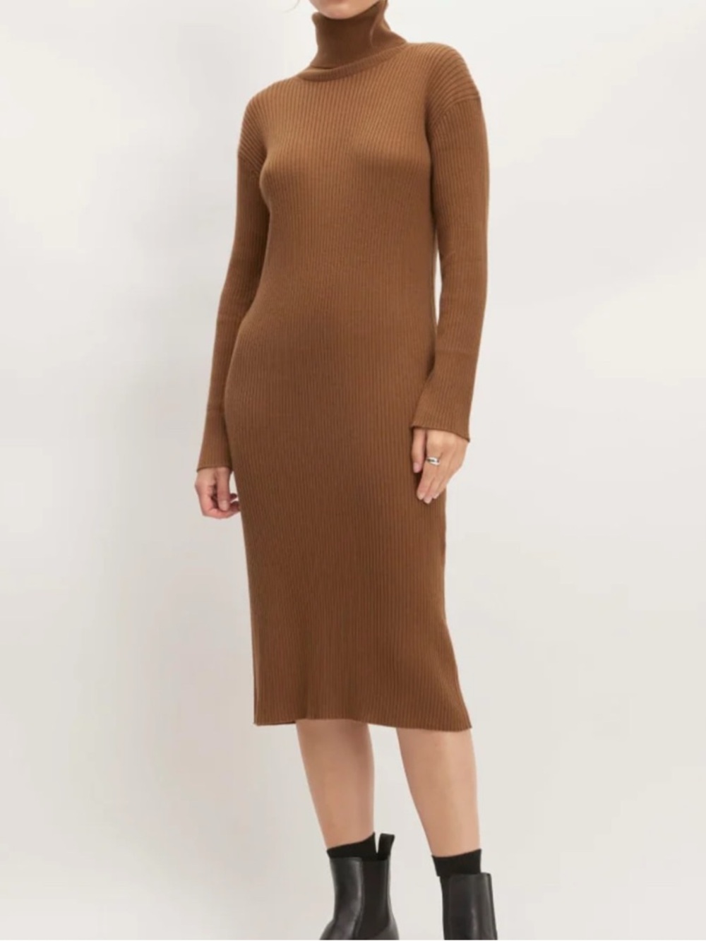 Everlane Cotton Merino Turtleneck Dress Camel Ribbed Midi Size XS